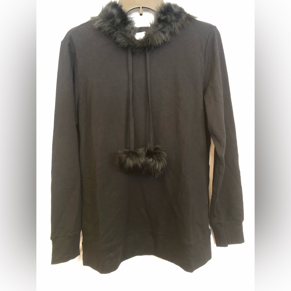 S Belle Black Long Sleeve Hooded Top with Faux Fur Accents